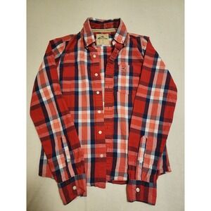 Mens Hollister Red & Blue Plaid Button Up Long Sleeve Shirt Size L 100% Cotton
